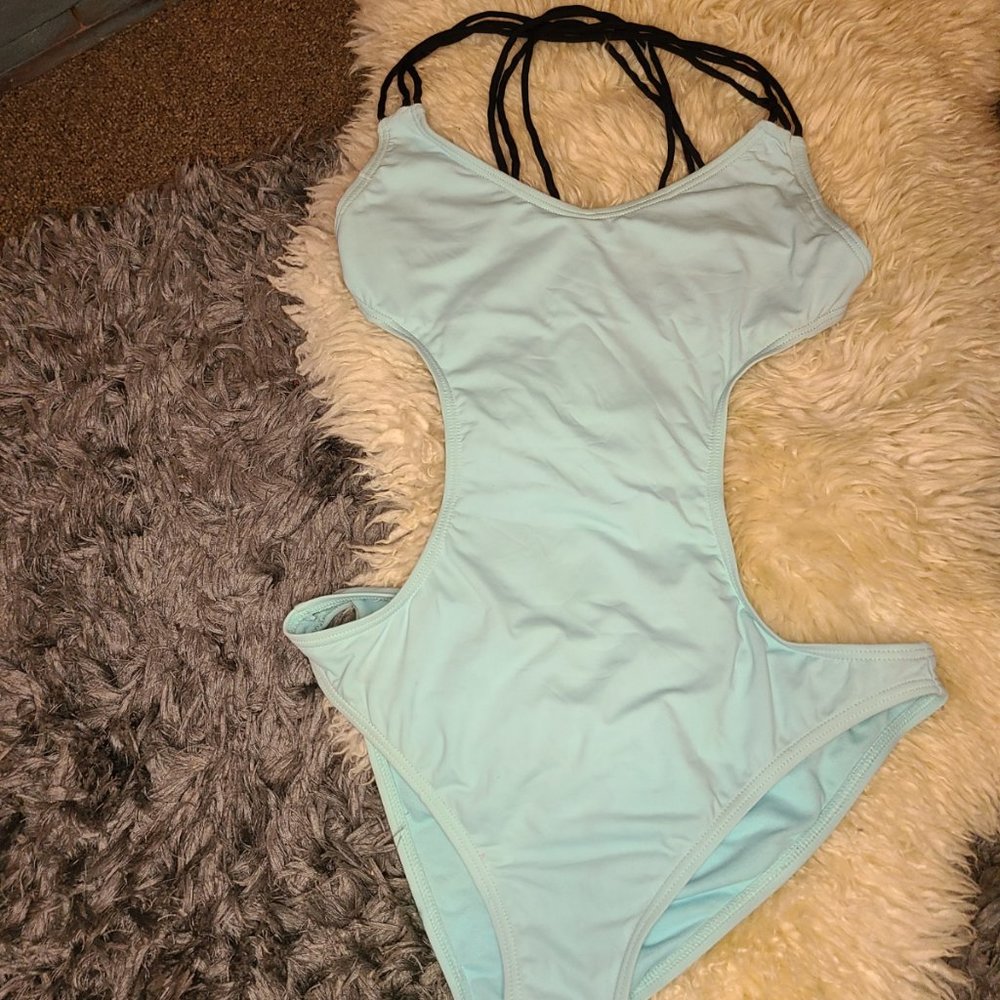 Aqua Swimuit with Black Strappy Back